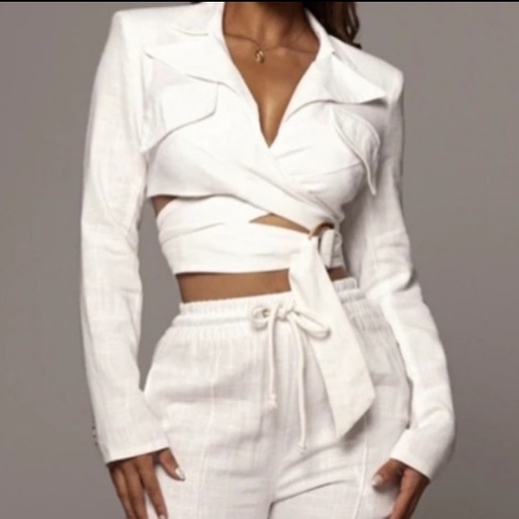 JLUXLABEL Tops Nwt Jluxlabel Crisp White Linen Myling Cropped Longsleeve Wrap Blazer Poshmark